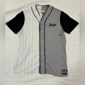 Hollister M Color‎ Block Split Baseball Jersey Shirt Pinstripe Grey Black
